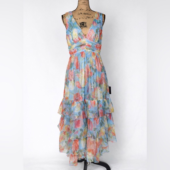 NWT Lulus Blue Floral Chiffon Midi Dress Women’s Size L Glitter Tiered V-Neck